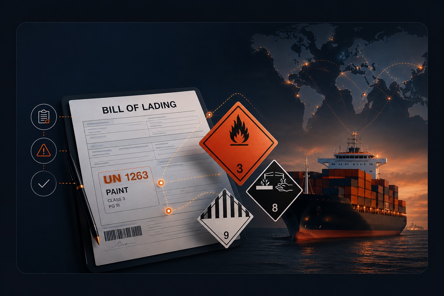 Bill of Lading con la declaración de mercancía peligrosa UN 1263 PAINT clase 3, etiquetas IMDG de clases 3, 8 y 9, y un portacontenedores al fondo