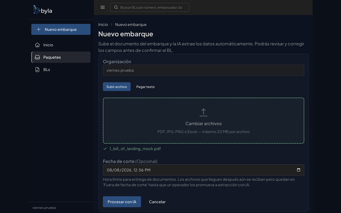 Pantalla de nuevo embarque en BYLA: subir archivos del embarque