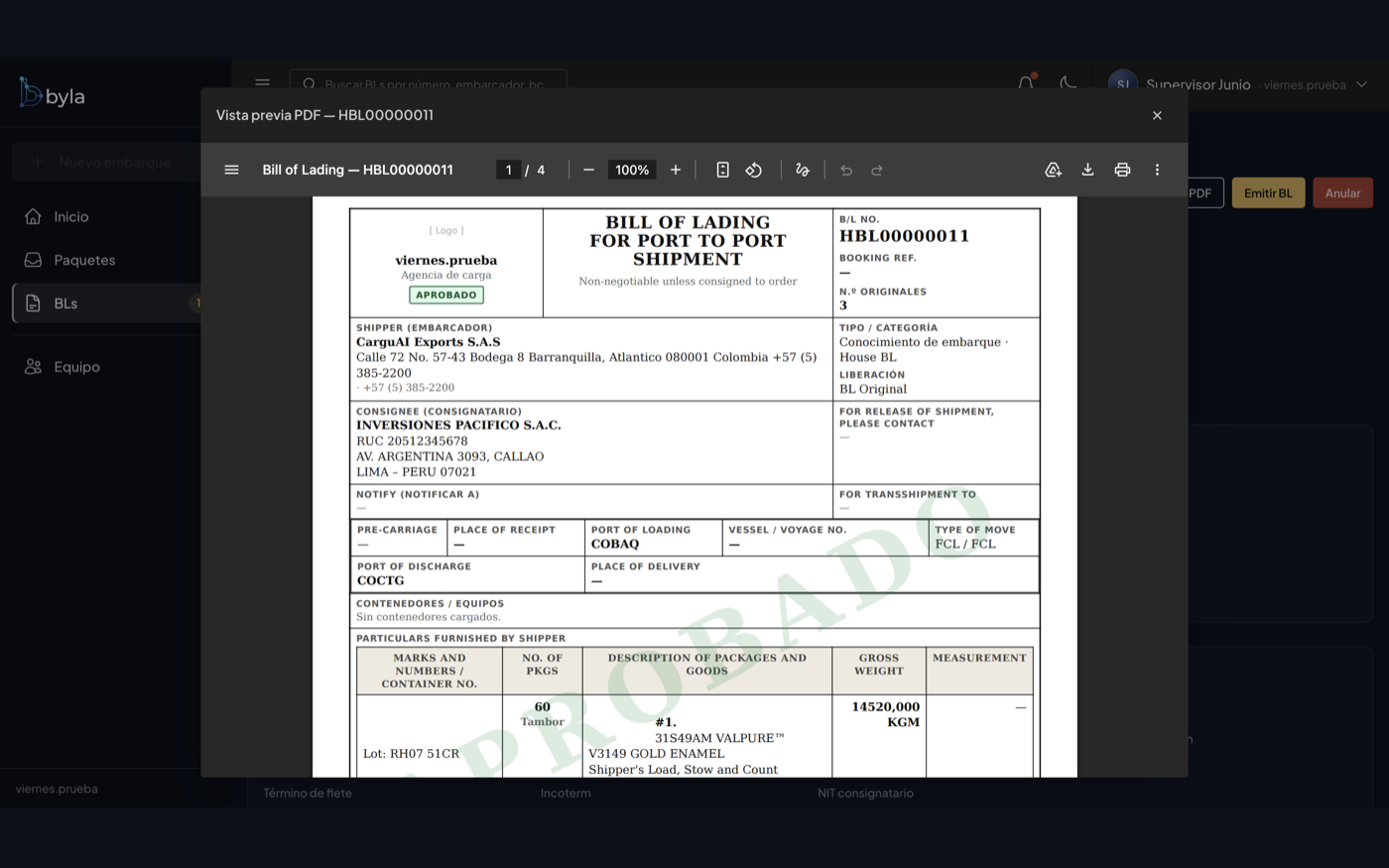 Vista previa del Bill of Lading aprobado listo para emitir